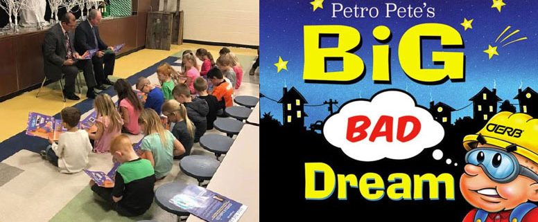State Rep. Tom Gann and State Sen. Marty Quinn read aloud to first graders at Jefferson Elementary School in Pryor, Oklahoma; In “Petro Pete’s Big Bad Dream,” the main character finds out life without petroleum is a “nightmare.” Published in 2016. Oklahoma Energy Resources Board.